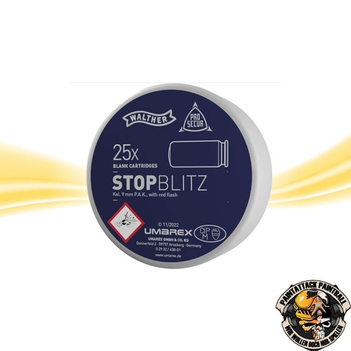 [6749] Walther ProSecur Stop Blitz Flashbang Platzpatronen 9 mm P.A.K. Effektmunition mit Feuerblitz 25 Stk